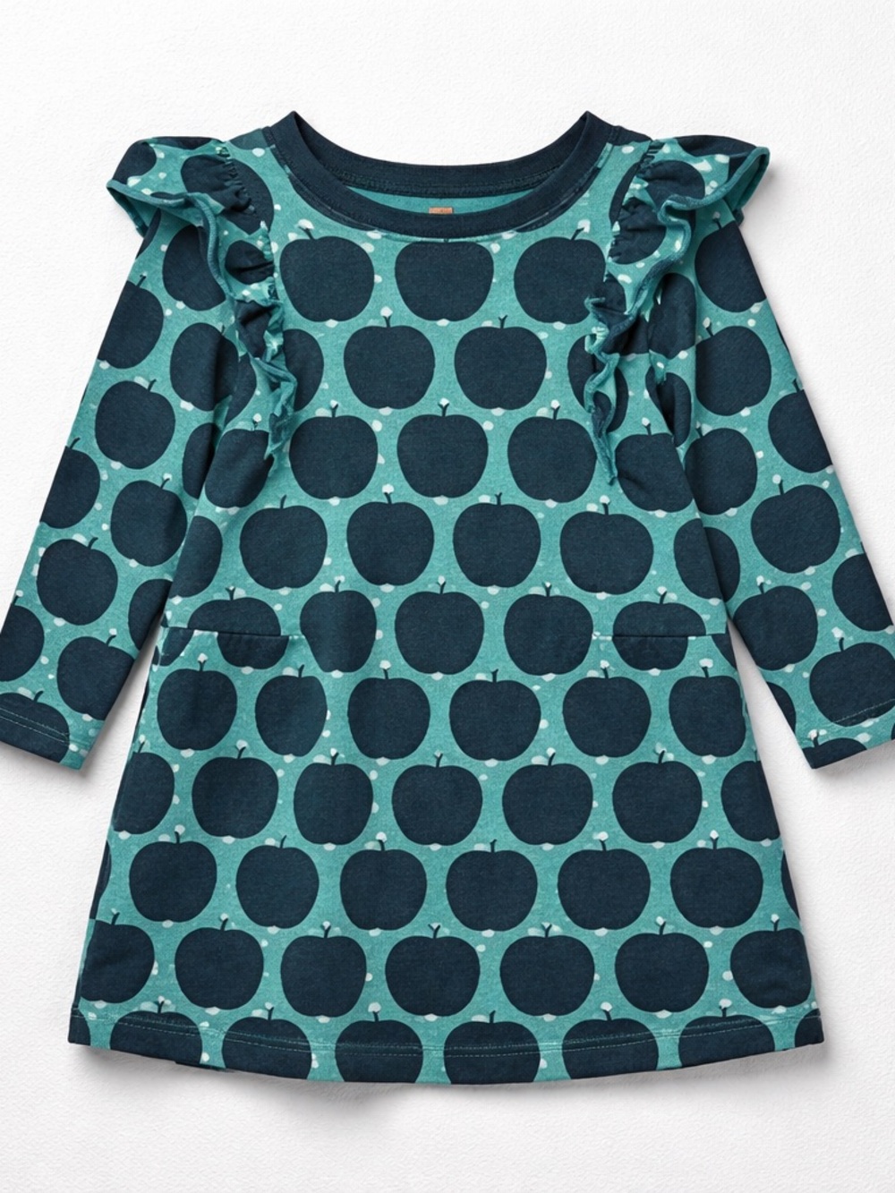 Tea Collection green and navy blue apple print long sleeve knit dress size 4